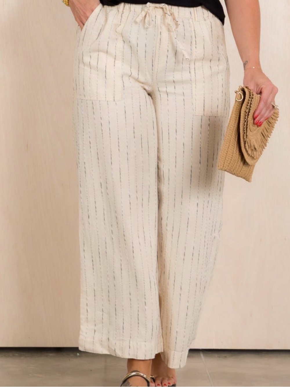 Thread & Supply Wide Leg Drawstring Linen-Blend Pants in Cream Stripe